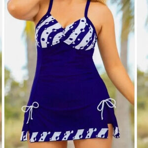 Rotita, 12, Royal blue/white tankini, with side slits and tie, adjustable straps